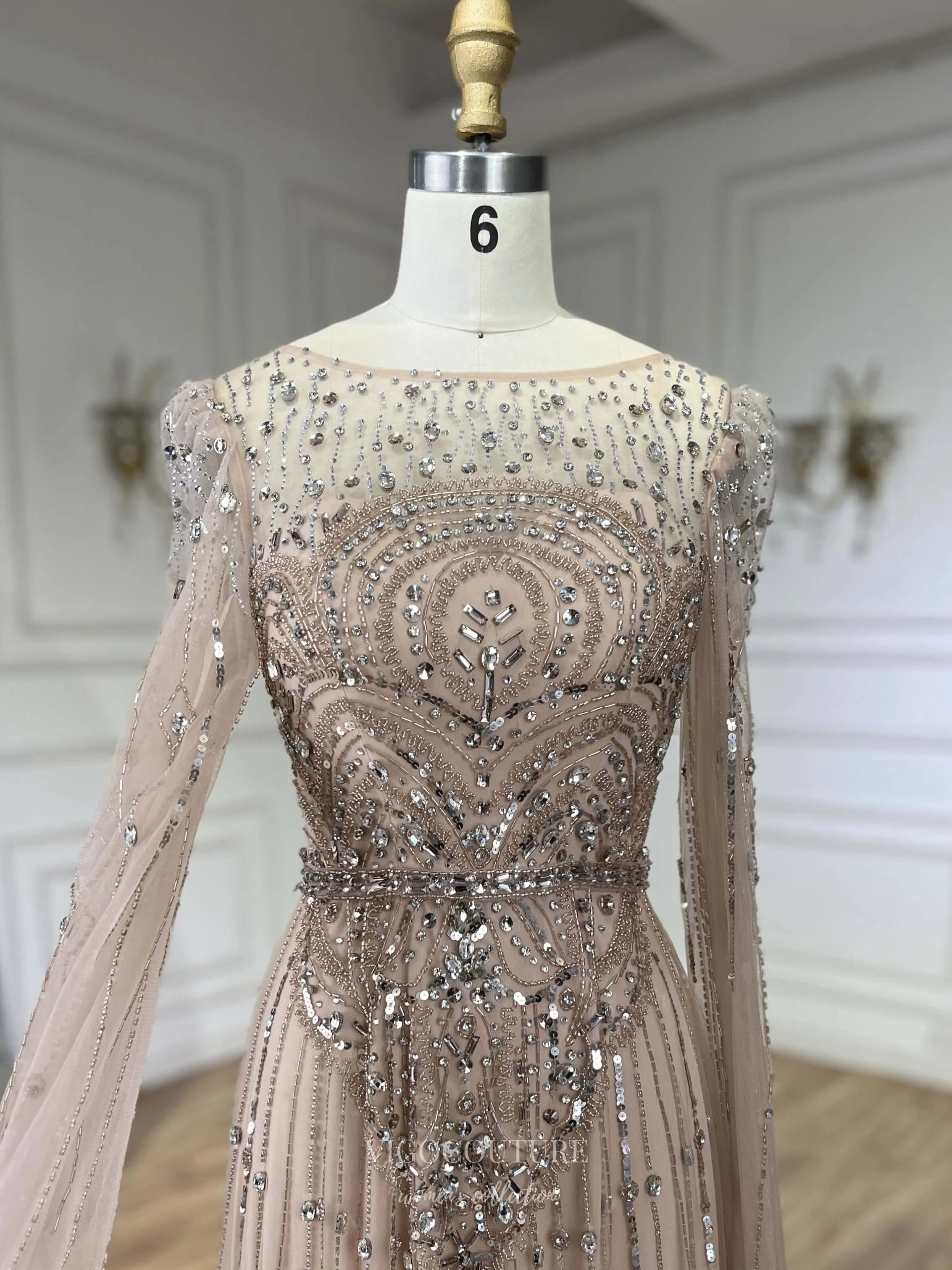 Blue Beaded Lace Extra Long Sleeve Prom Dresses Boat Neck Pageant Dress 25015