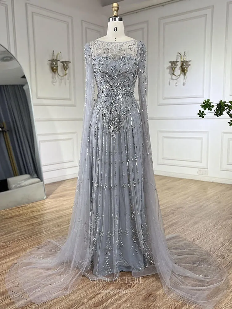 Blue Beaded Lace Extra Long Sleeve Prom Dresses Boat Neck Pageant Dress 25015