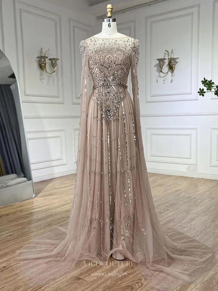 Blue Beaded Lace Extra Long Sleeve Prom Dresses Boat Neck Pageant Dress 25015