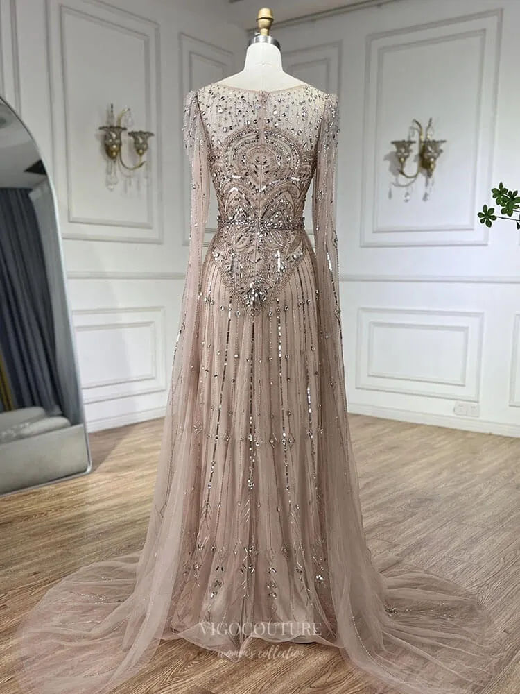 Blue Beaded Lace Extra Long Sleeve Prom Dresses Boat Neck Pageant Dress 25015