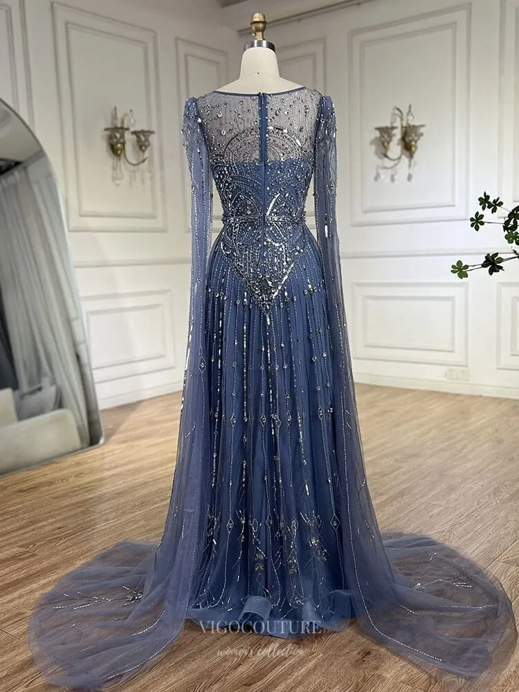 Blue Beaded Lace Extra Long Sleeve Prom Dresses Boat Neck Pageant Dress 25015