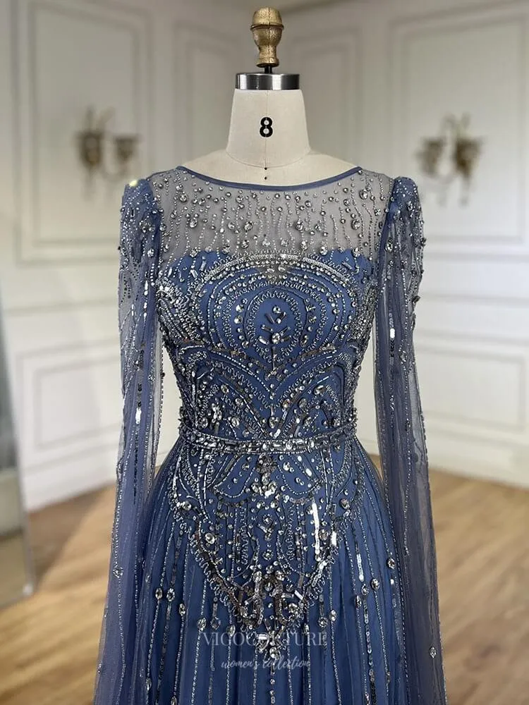 Blue Beaded Lace Extra Long Sleeve Prom Dresses Boat Neck Pageant Dress 25015