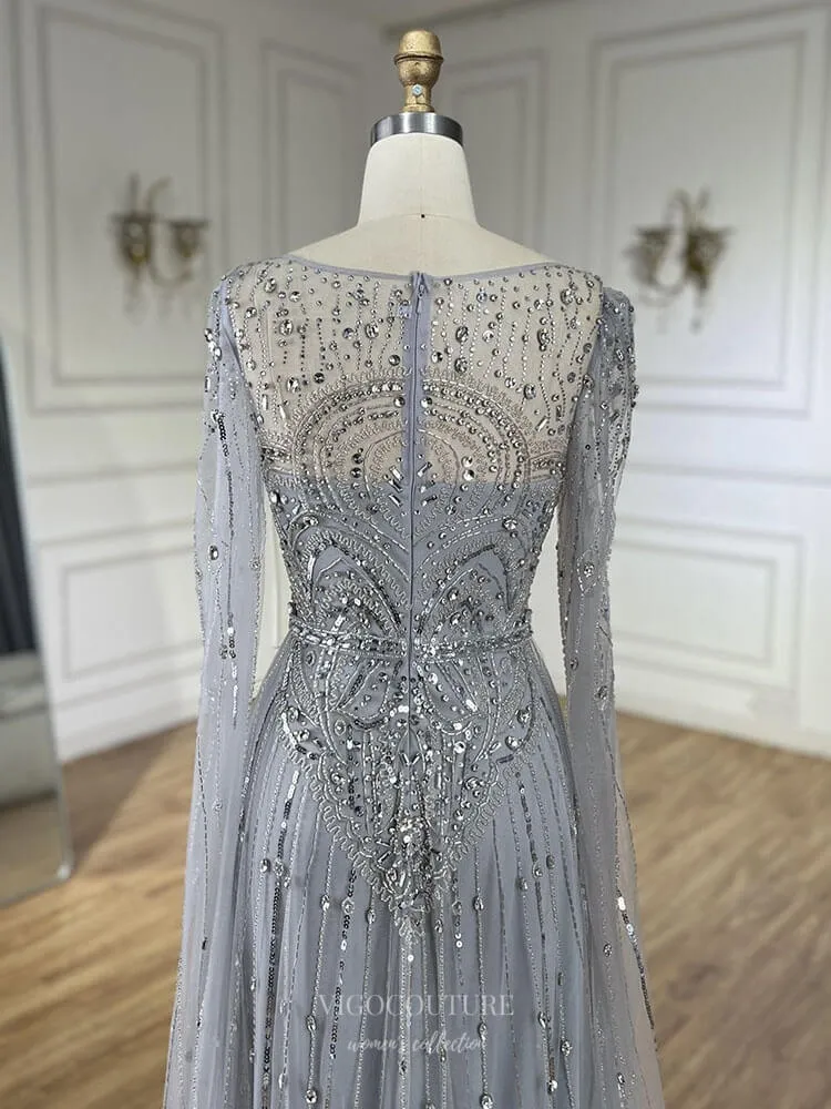 Blue Beaded Lace Extra Long Sleeve Prom Dresses Boat Neck Pageant Dress 25015