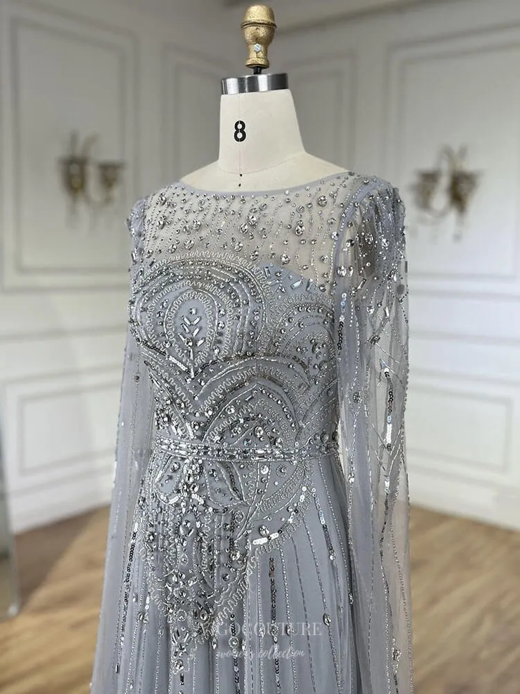 Blue Beaded Lace Extra Long Sleeve Prom Dresses Boat Neck Pageant Dress 25015