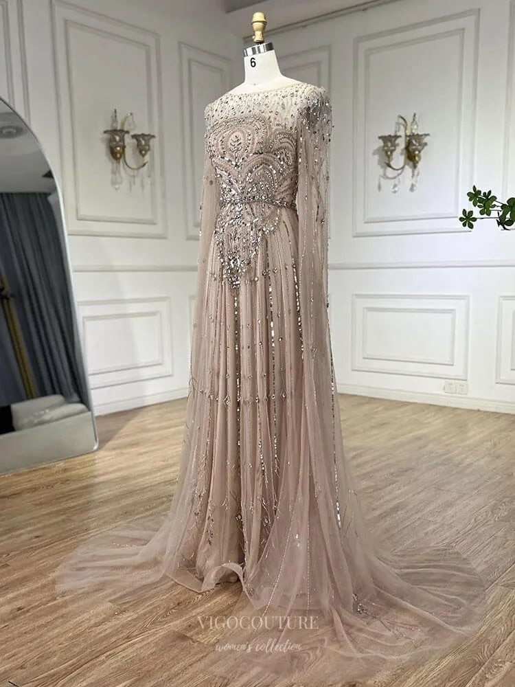 Blue Beaded Lace Extra Long Sleeve Prom Dresses Boat Neck Pageant Dress 25015