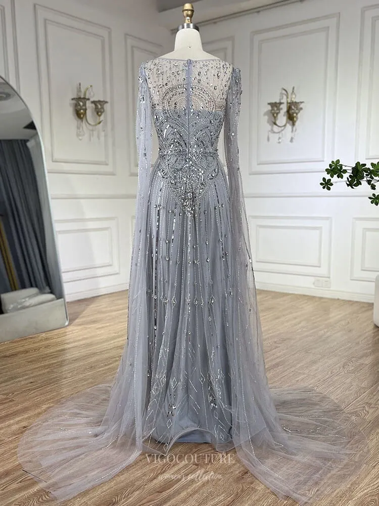 Blue Beaded Lace Extra Long Sleeve Prom Dresses Boat Neck Pageant Dress 25015