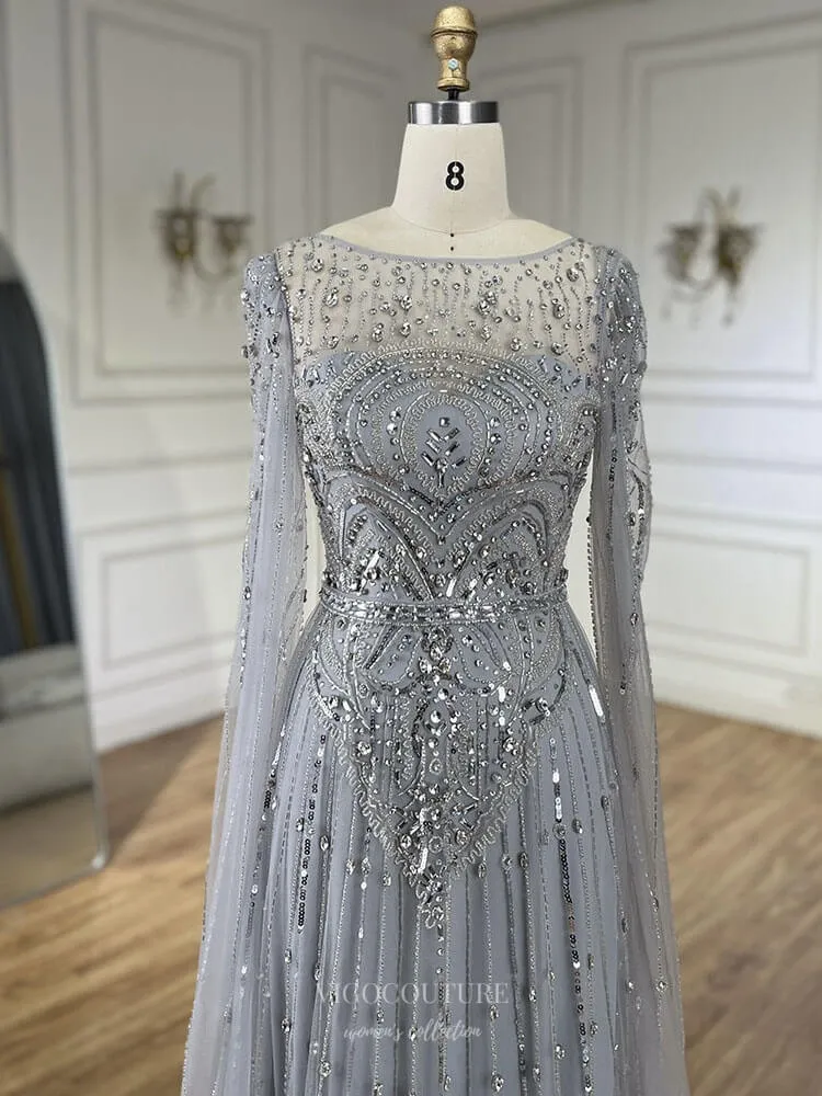 Blue Beaded Lace Extra Long Sleeve Prom Dresses Boat Neck Pageant Dress 25015
