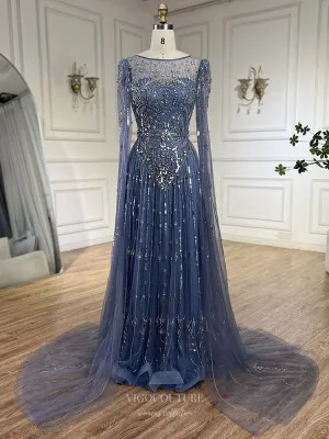 Blue Beaded Lace Extra Long Sleeve Prom Dresses Boat Neck Pageant Dress 25015