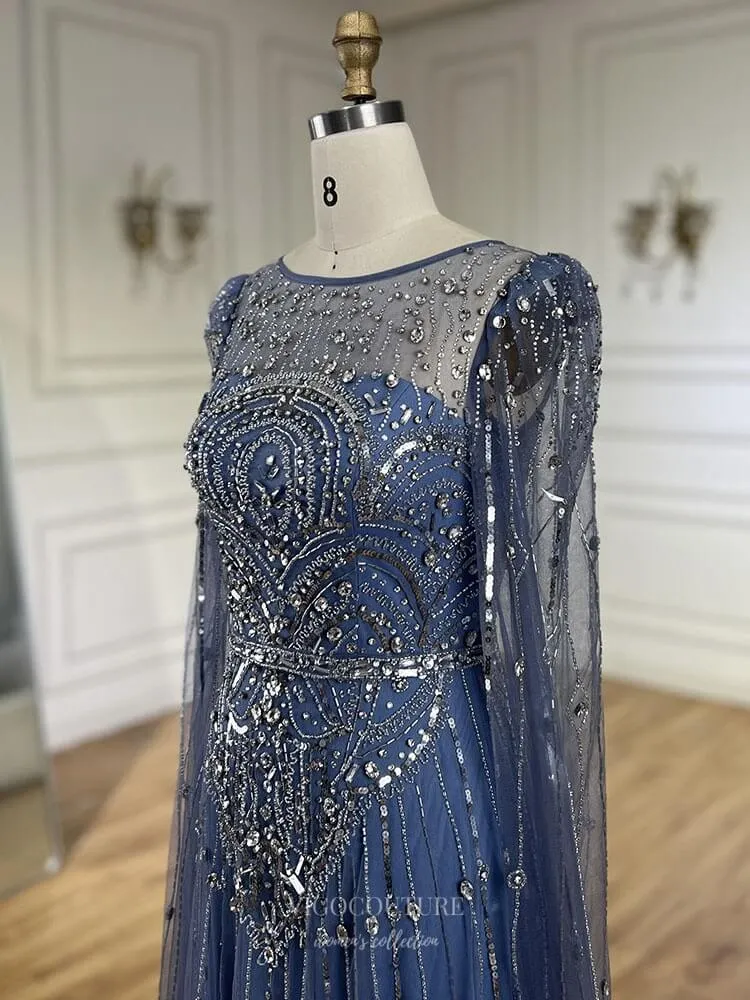 Blue Beaded Lace Extra Long Sleeve Prom Dresses Boat Neck Pageant Dress 25015