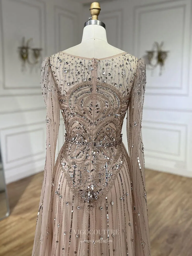 Blue Beaded Lace Extra Long Sleeve Prom Dresses Boat Neck Pageant Dress 25015