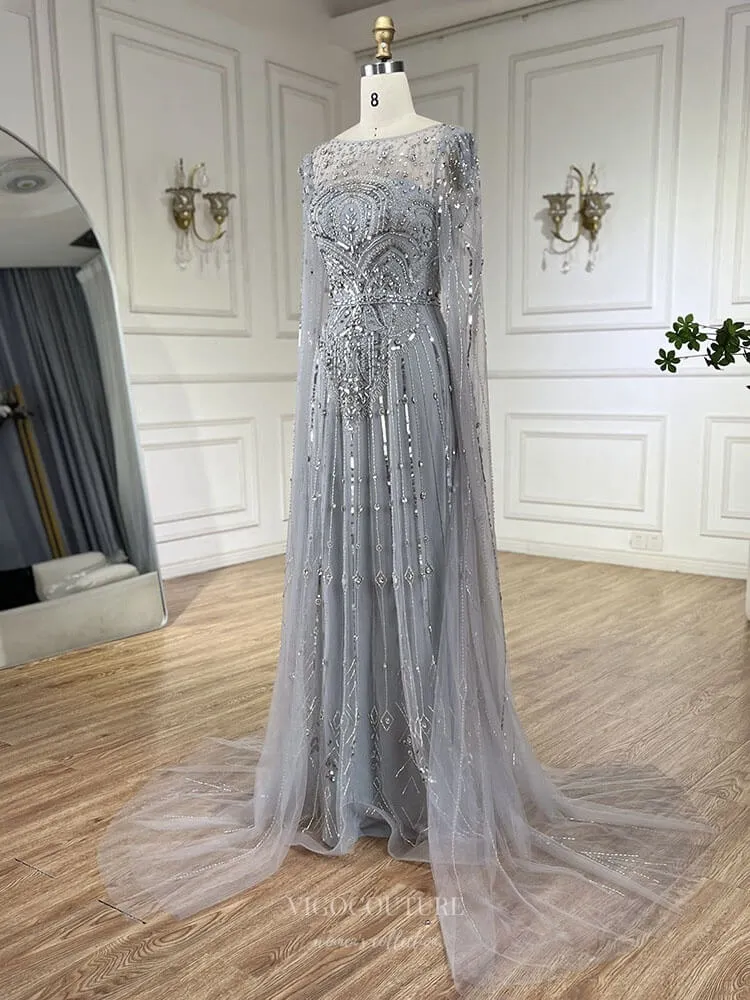 Blue Beaded Lace Extra Long Sleeve Prom Dresses Boat Neck Pageant Dress 25015