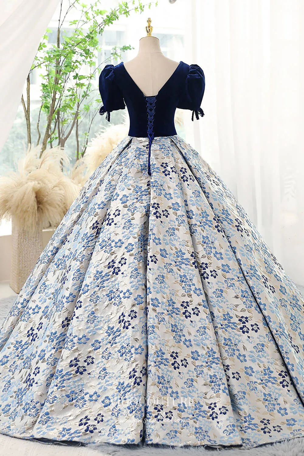 Blue Jacquard Satin and Velvet Prom Dress with Puffed Sleeves 22284