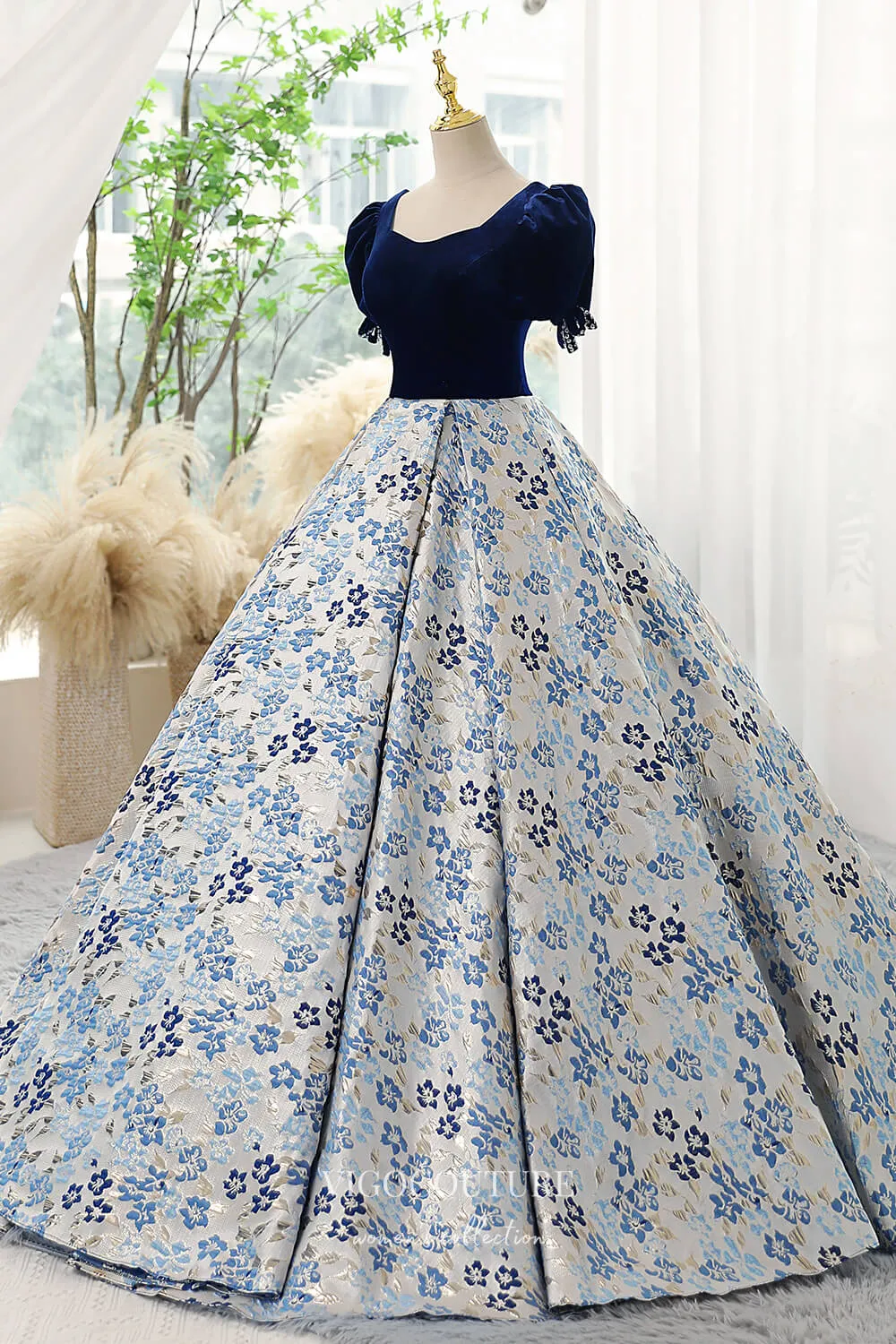 Blue Jacquard Satin and Velvet Prom Dress with Puffed Sleeves 22284