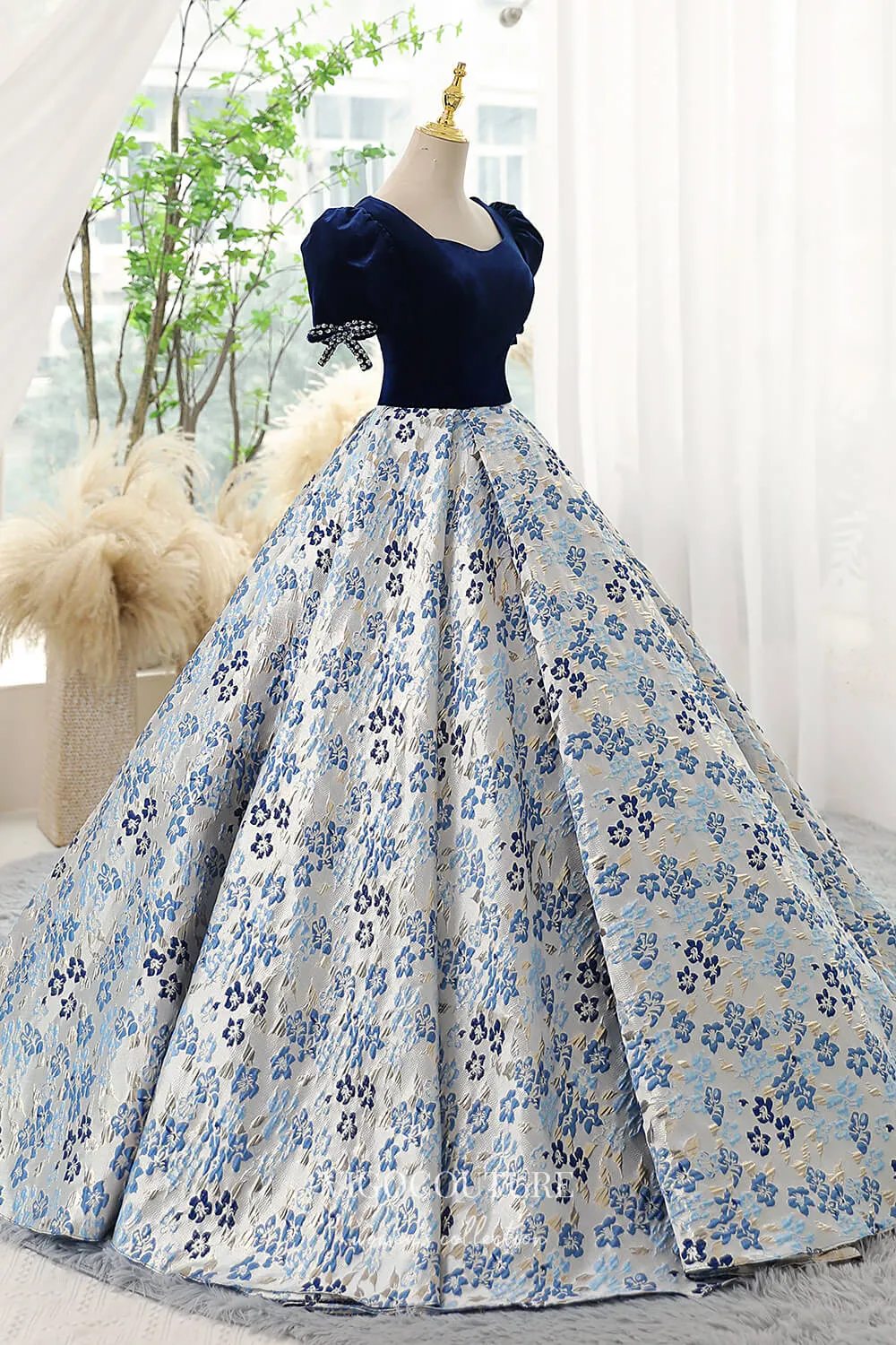 Blue Jacquard Satin and Velvet Prom Dress with Puffed Sleeves 22284