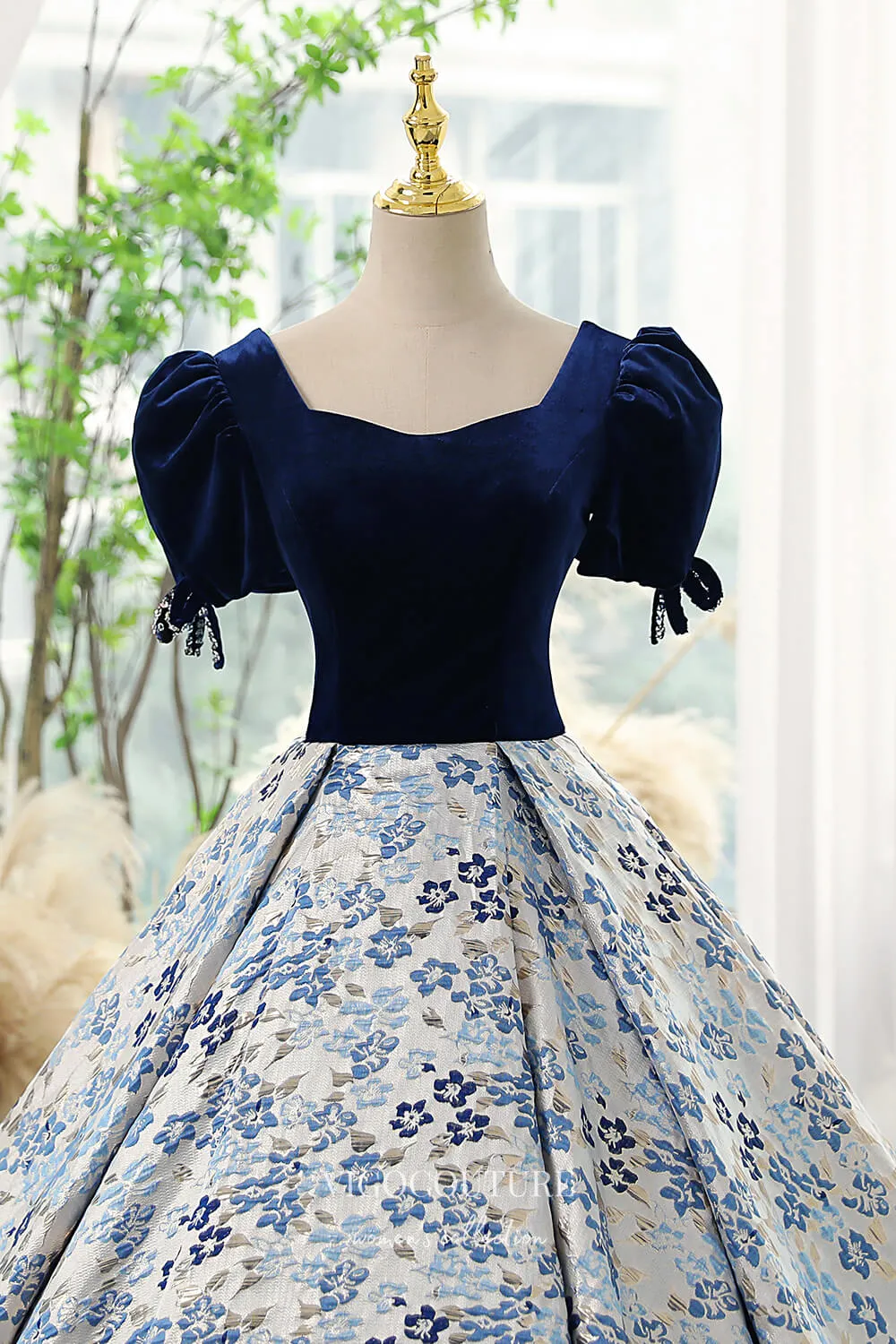 Blue Jacquard Satin and Velvet Prom Dress with Puffed Sleeves 22284