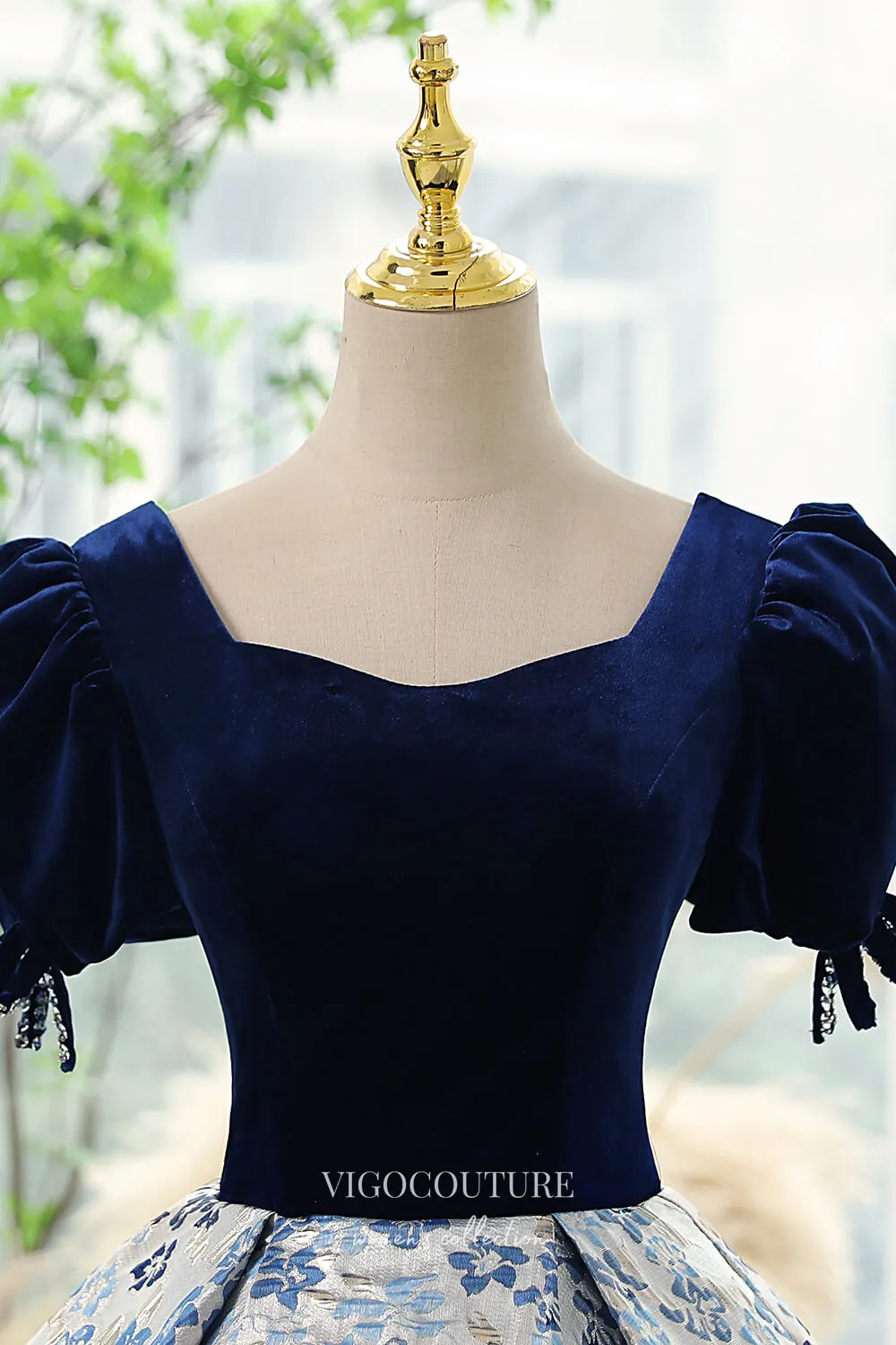 Blue Jacquard Satin and Velvet Prom Dress with Puffed Sleeves 22284