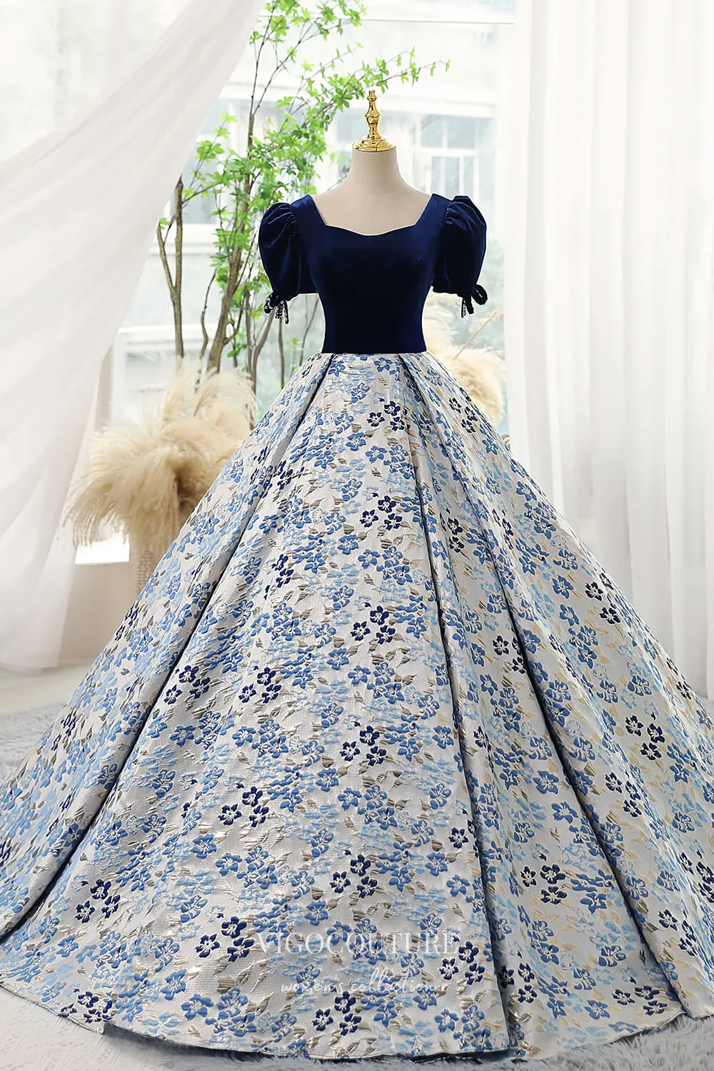 Blue Jacquard Satin and Velvet Prom Dress with Puffed Sleeves 22284