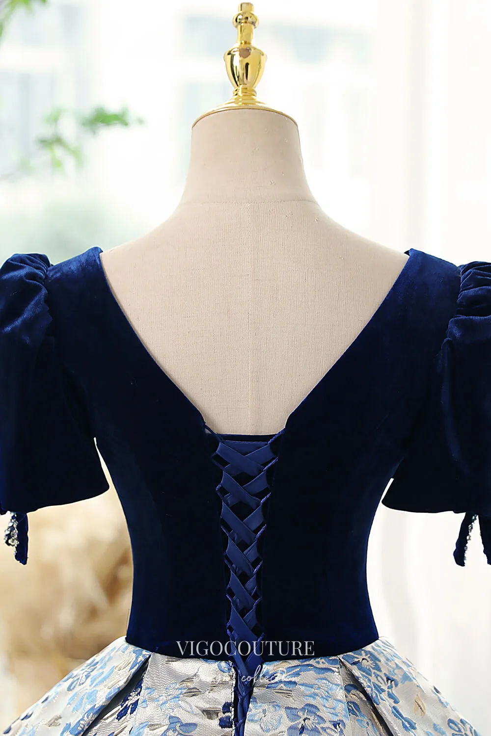 Blue Jacquard Satin and Velvet Prom Dress with Puffed Sleeves 22284