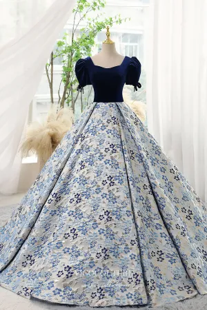 Blue Jacquard Satin and Velvet Prom Dress with Puffed Sleeves 22284