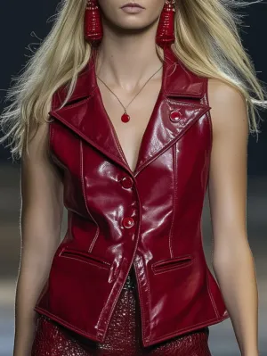 Casual All-Match Environmentally Friendly Leather Red Lapel Vest