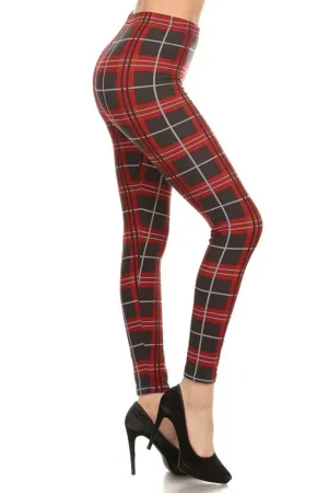 Dark Grey Red Tartan Plaid Leggings