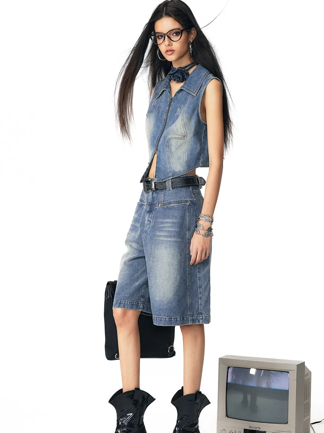 Denim Faded Cool Casual Gilet＆Mini-Skirt