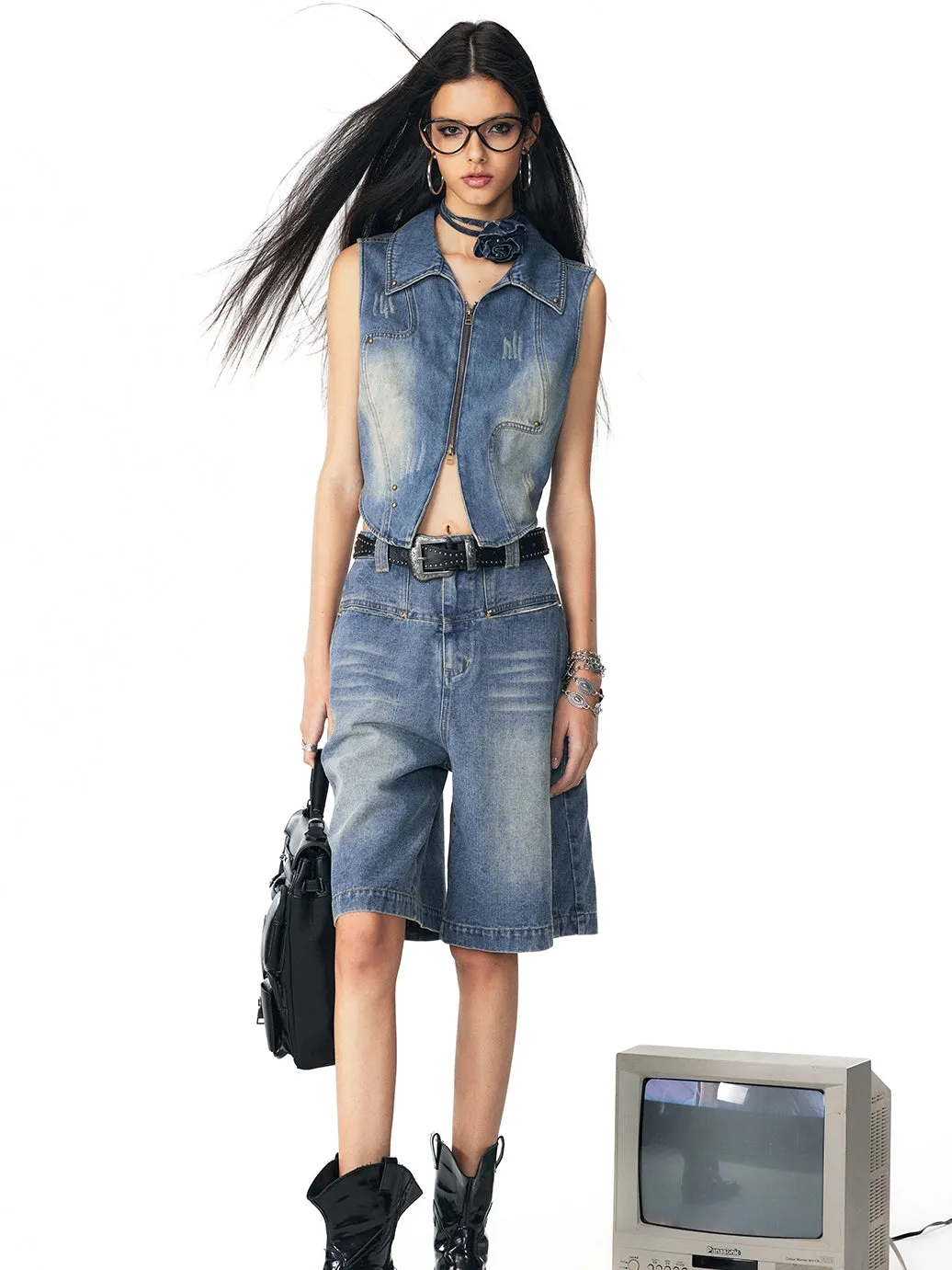 Denim Faded Cool Casual Gilet＆Mini-Skirt