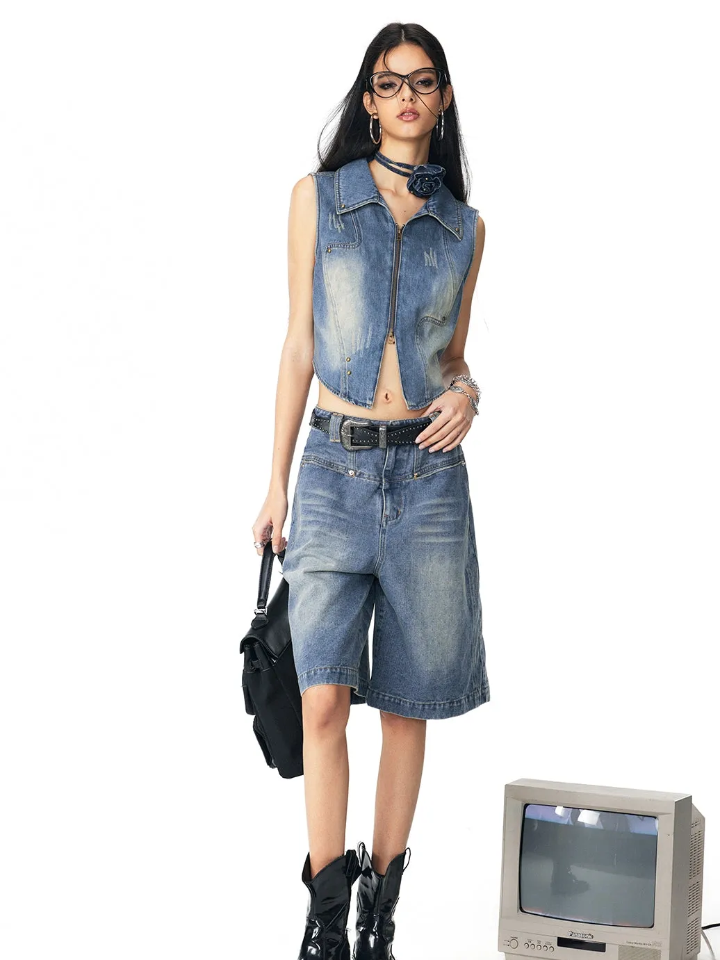 Denim Faded Cool Casual Gilet＆Mini-Skirt
