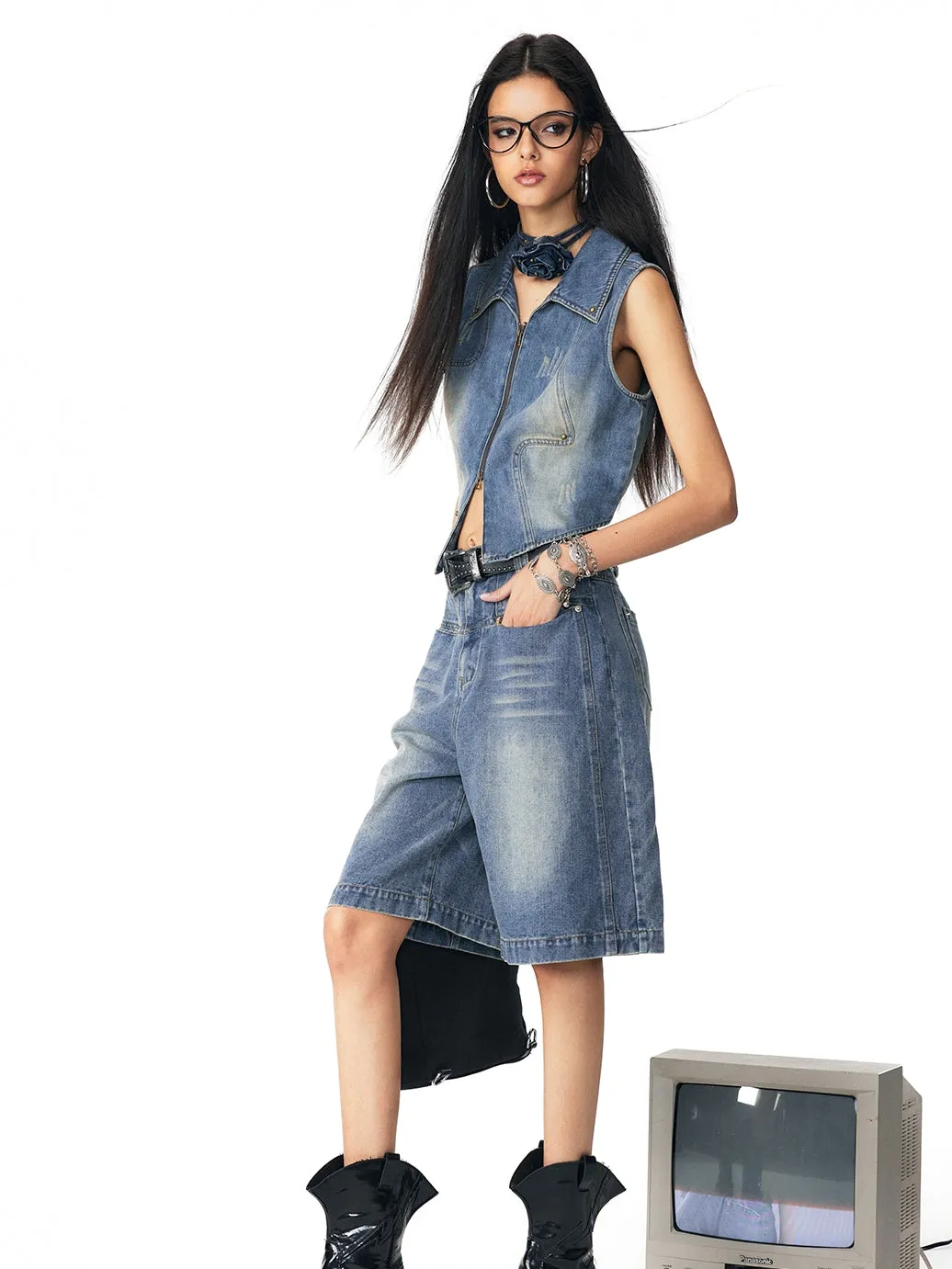 Denim Faded Cool Casual Gilet＆Mini-Skirt