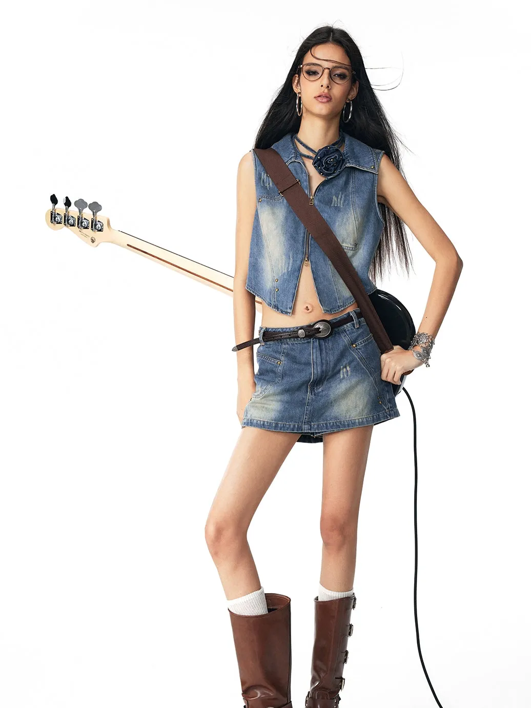 Denim Faded Cool Casual Gilet＆Mini-Skirt