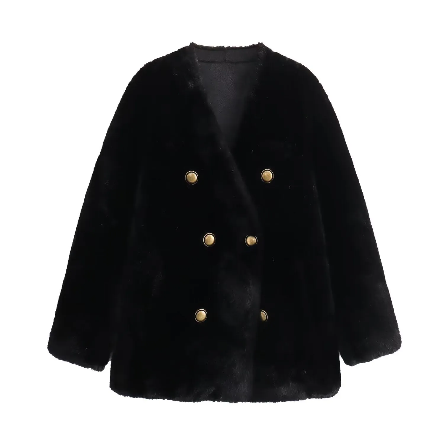 Double Breasted V-Neck Faux Fur Jacket