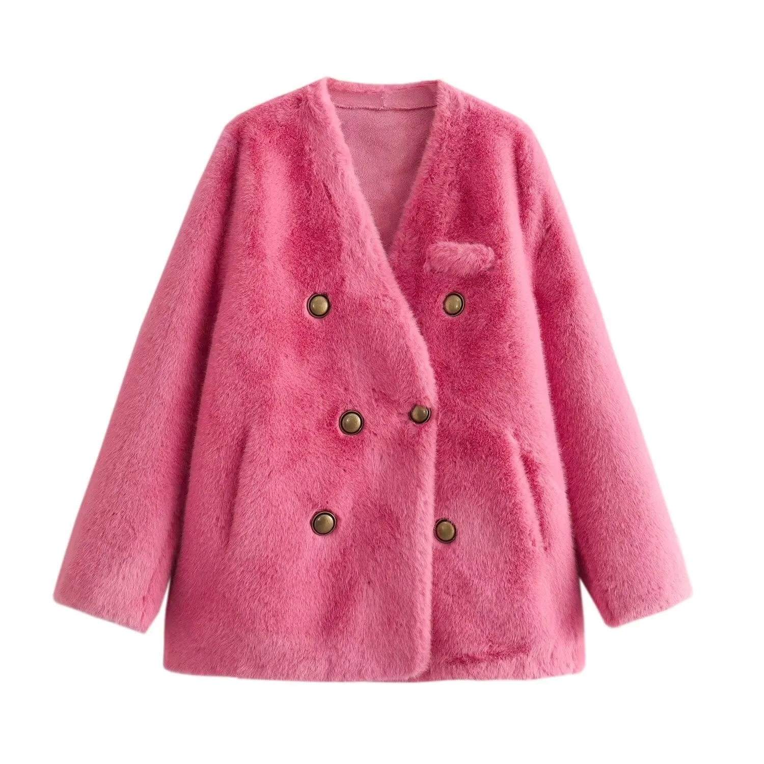 Double Breasted V-Neck Faux Fur Jacket