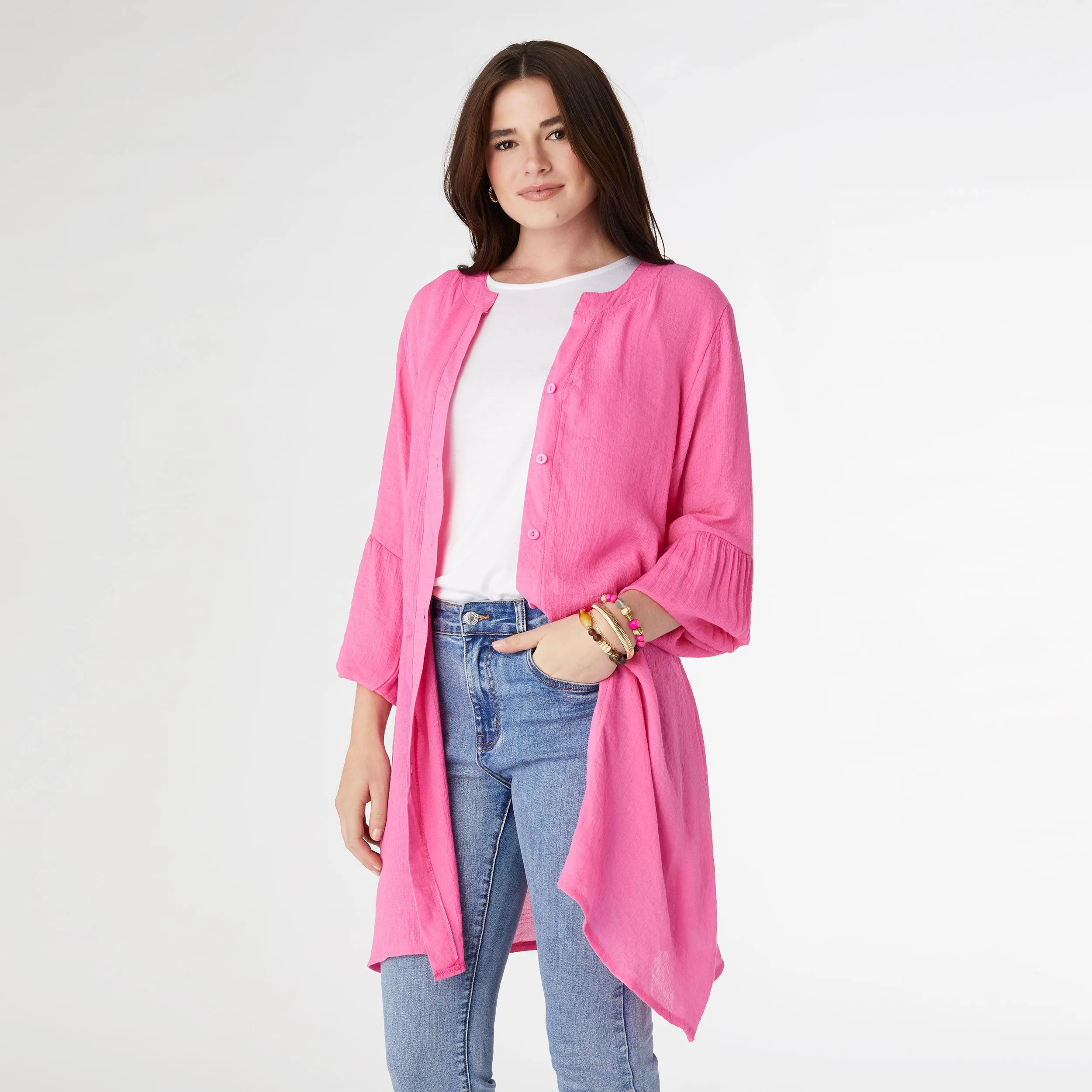 Edwina Long Sleeve Button Down Cardigan - Bright Rose