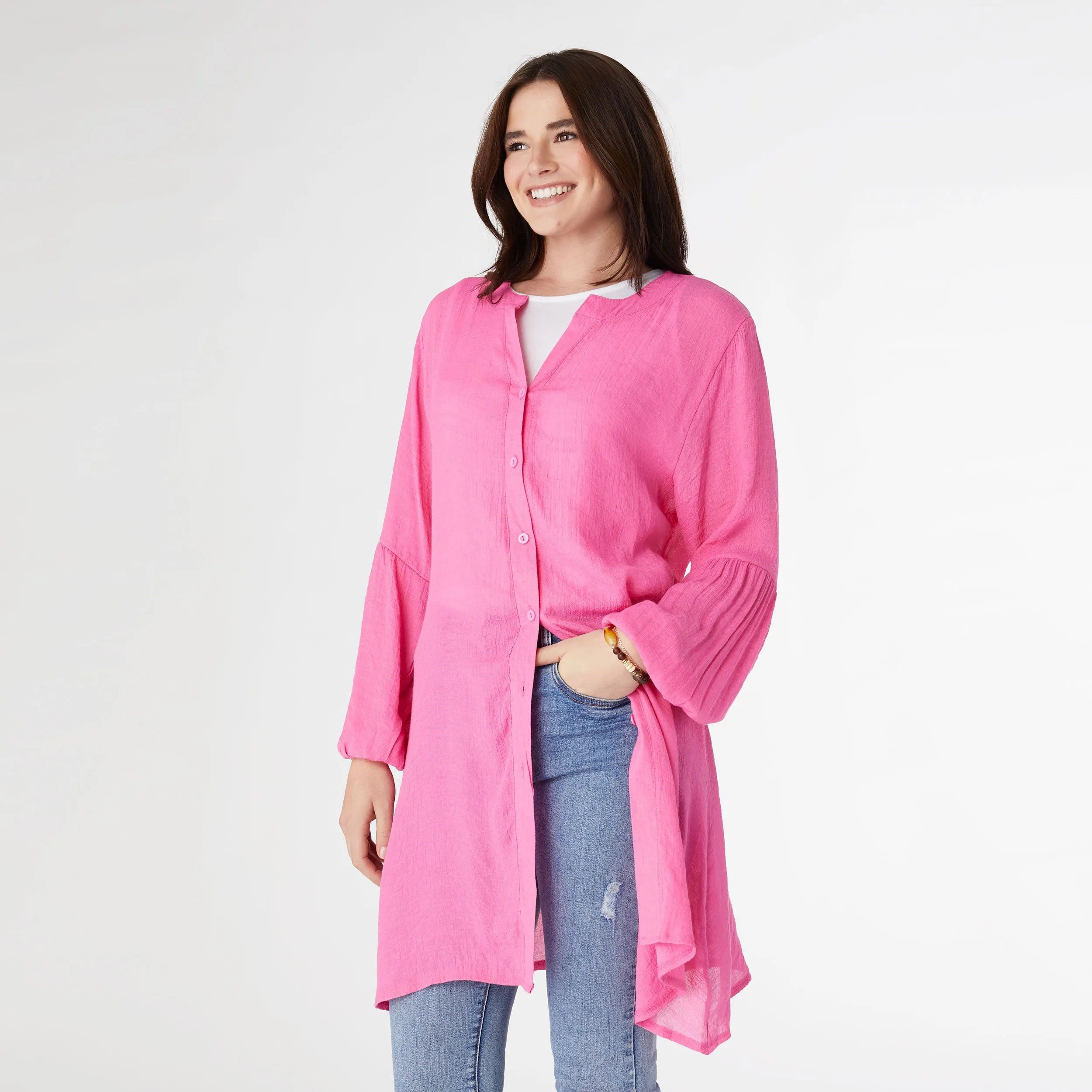 Edwina Long Sleeve Button Down Cardigan - Bright Rose