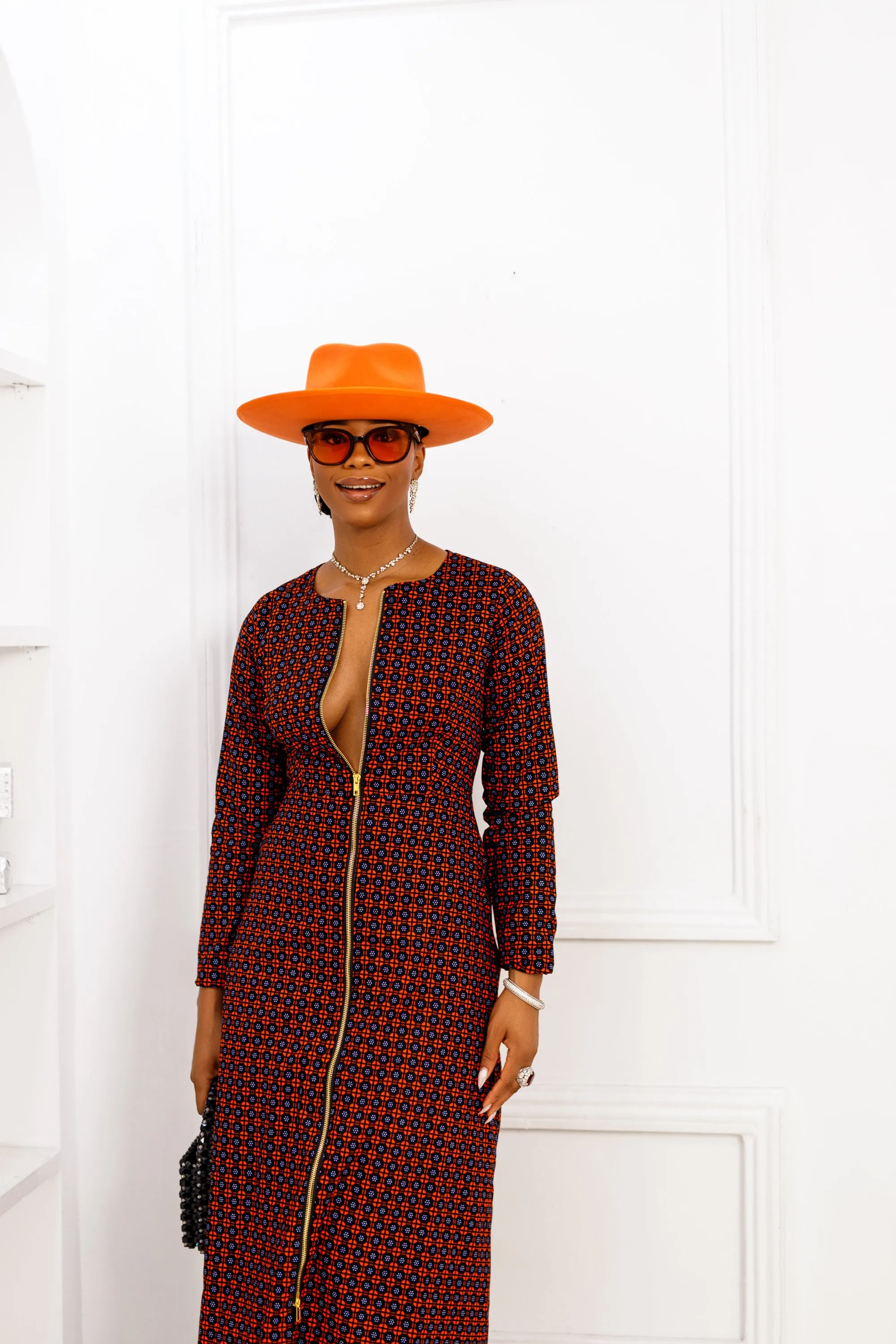 FARIDA AFRICAN PRINT LONG SLEEVE FRONT ZIP MAXI DRESS