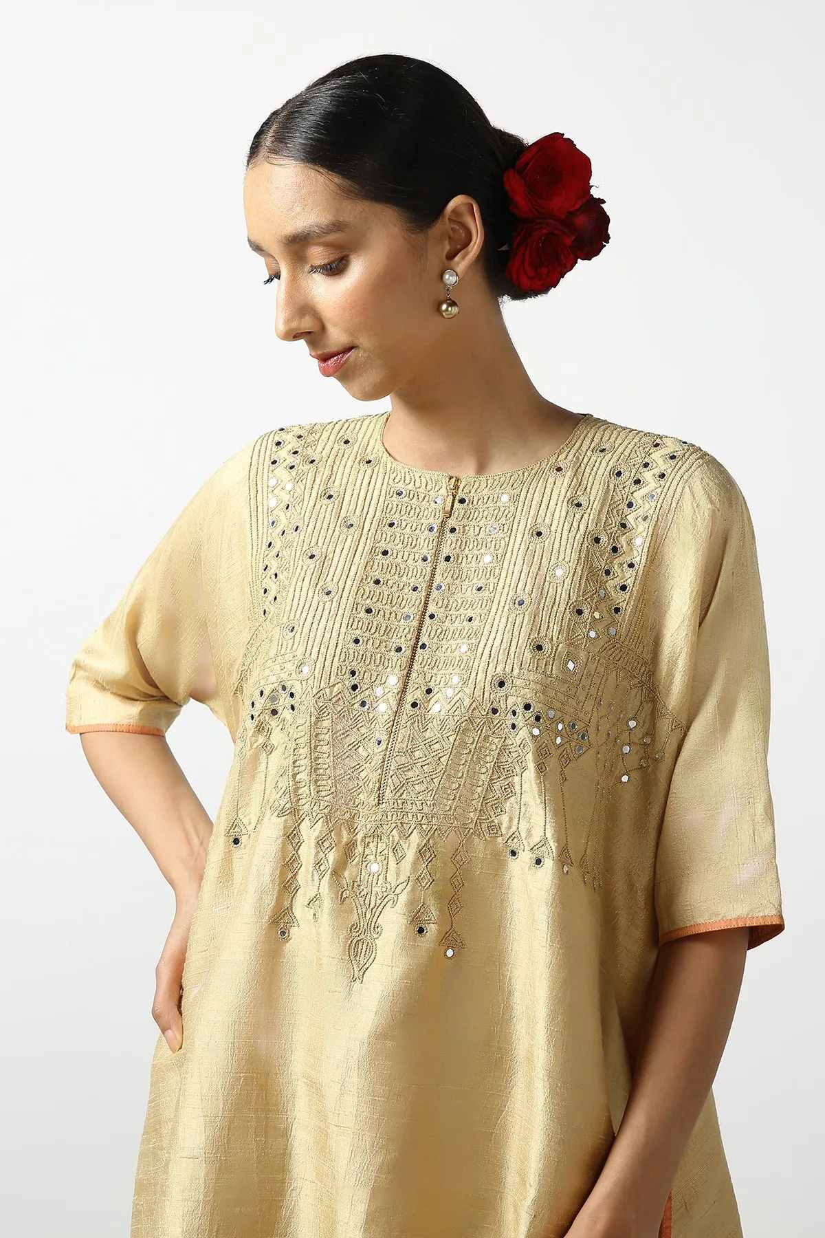 Gold Raw Silk Top with Mirror Work Yoke. Tussar Pant or M. Giri Pant.