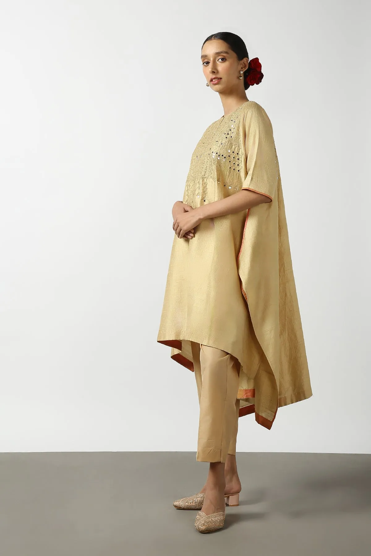 Gold Raw Silk Top with Mirror Work Yoke. Tussar Pant or M. Giri Pant.