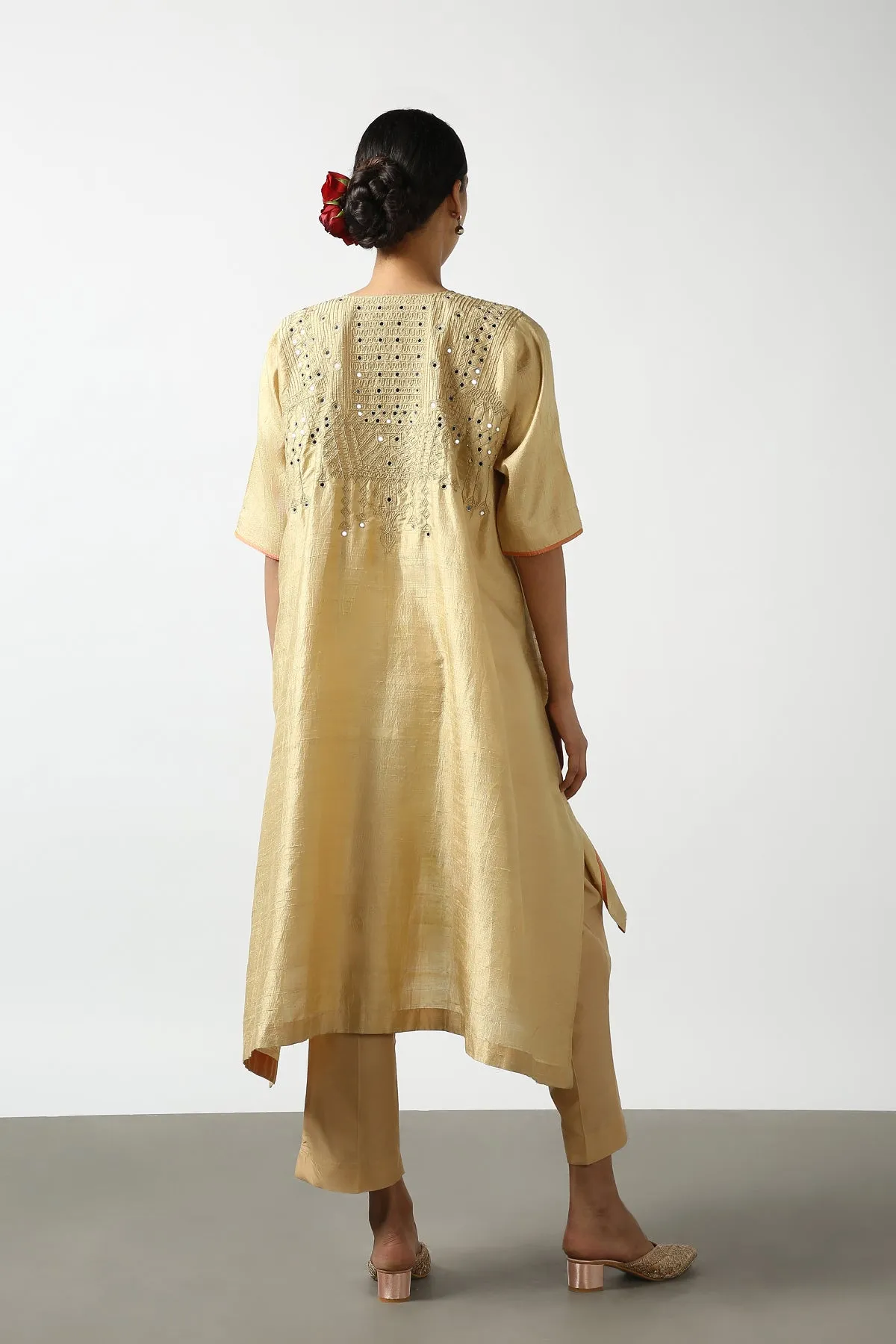 Gold Raw Silk Top with Mirror Work Yoke. Tussar Pant or M. Giri Pant.