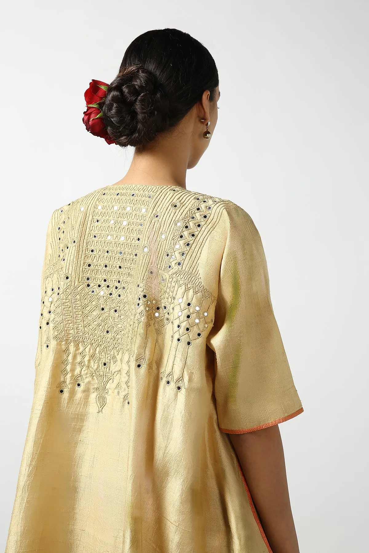 Gold Raw Silk Top with Mirror Work Yoke. Tussar Pant or M. Giri Pant.