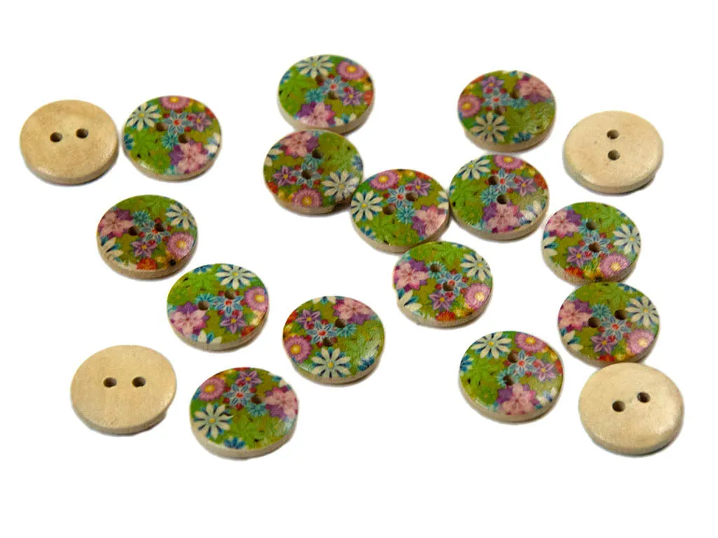 Green Multicolour Floral Printed 2 Hole Wooden Buttons
