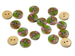 Green Multicolour Floral Printed 2 Hole Wooden Buttons