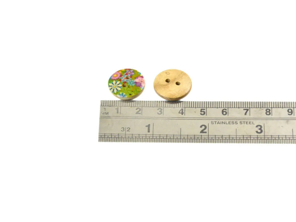 Green Multicolour Floral Printed 2 Hole Wooden Buttons