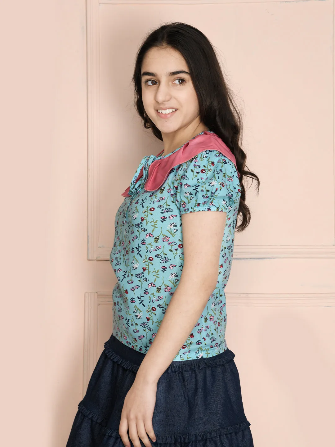 Green Peter Pan Collar Floral Top