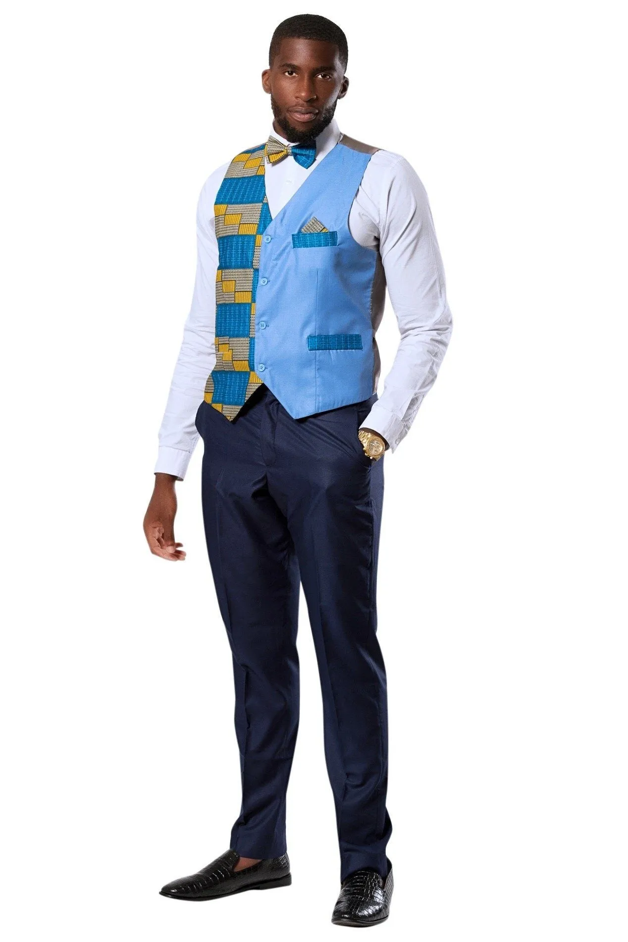 Kael African Print Kente Men's Fit Suit Vest (Blue & Gold)