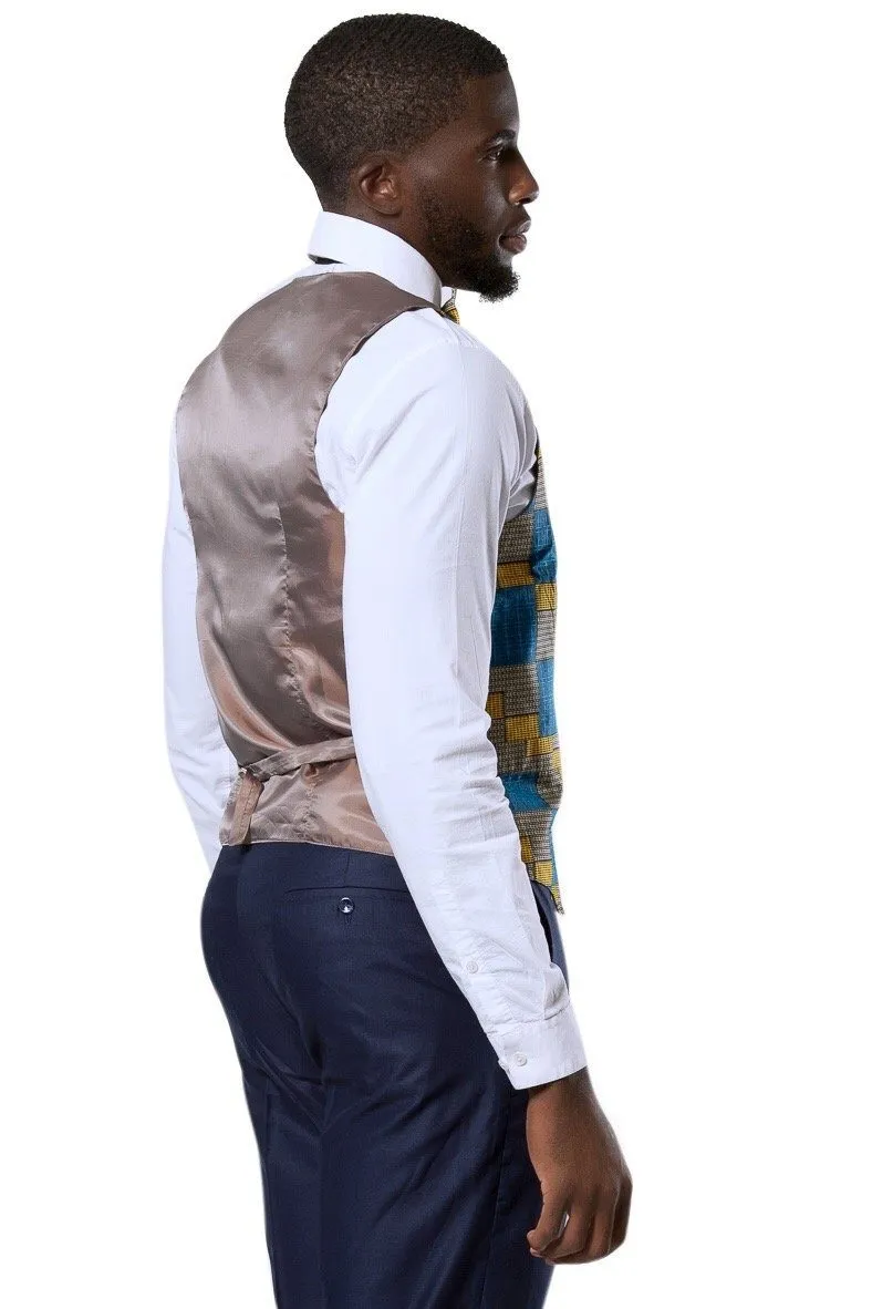 Kael African Print Kente Men's Fit Suit Vest (Blue & Gold)