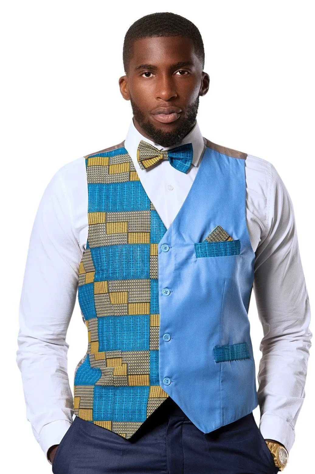 Kael African Print Kente Men's Fit Suit Vest (Blue & Gold)