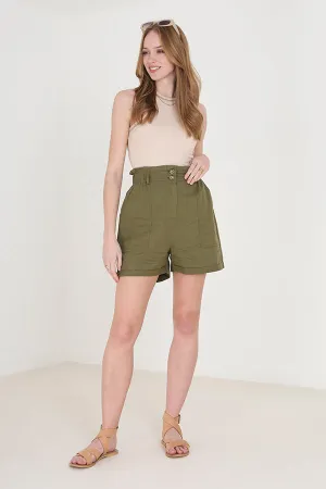 KHAKI HIGH WAISTED BUTTON DETAIL PAPERBAG SHORTS