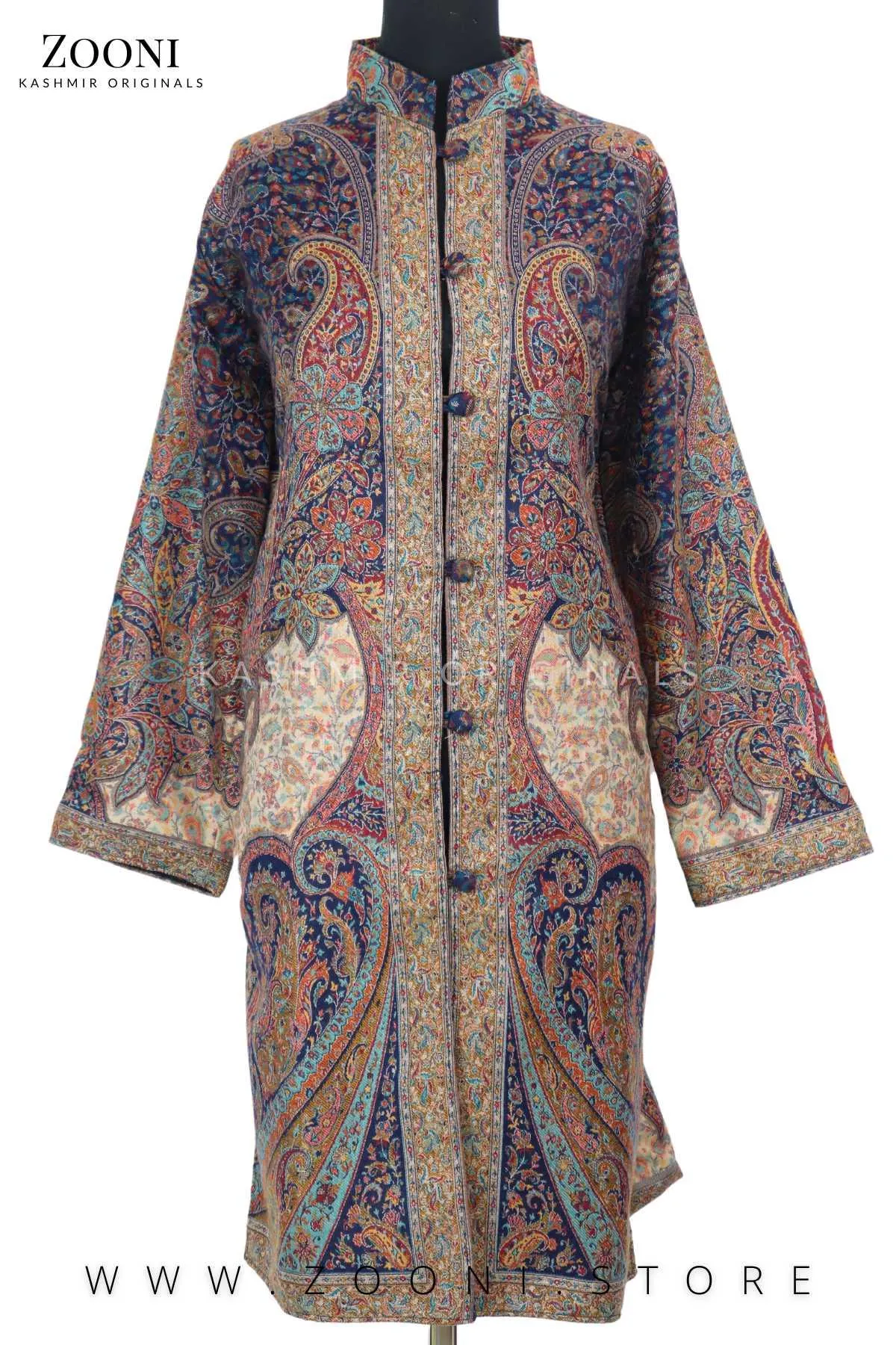 Limited Edition Stitched Kaani Woven Women's Luxury Coat - Enchanting Blue