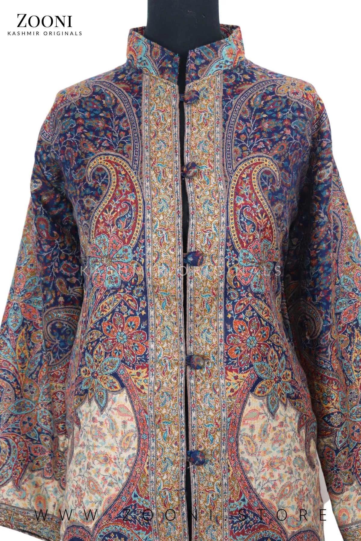 Limited Edition Stitched Kaani Woven Women's Luxury Coat - Enchanting Blue