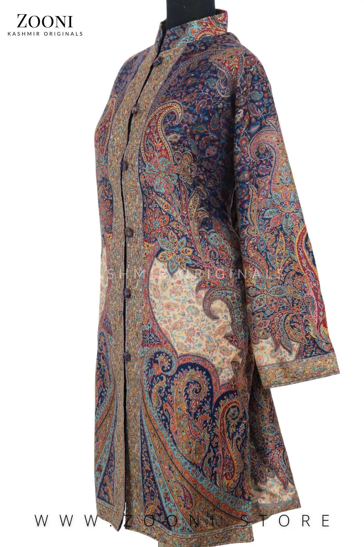 Limited Edition Stitched Kaani Woven Women's Luxury Coat - Enchanting Blue